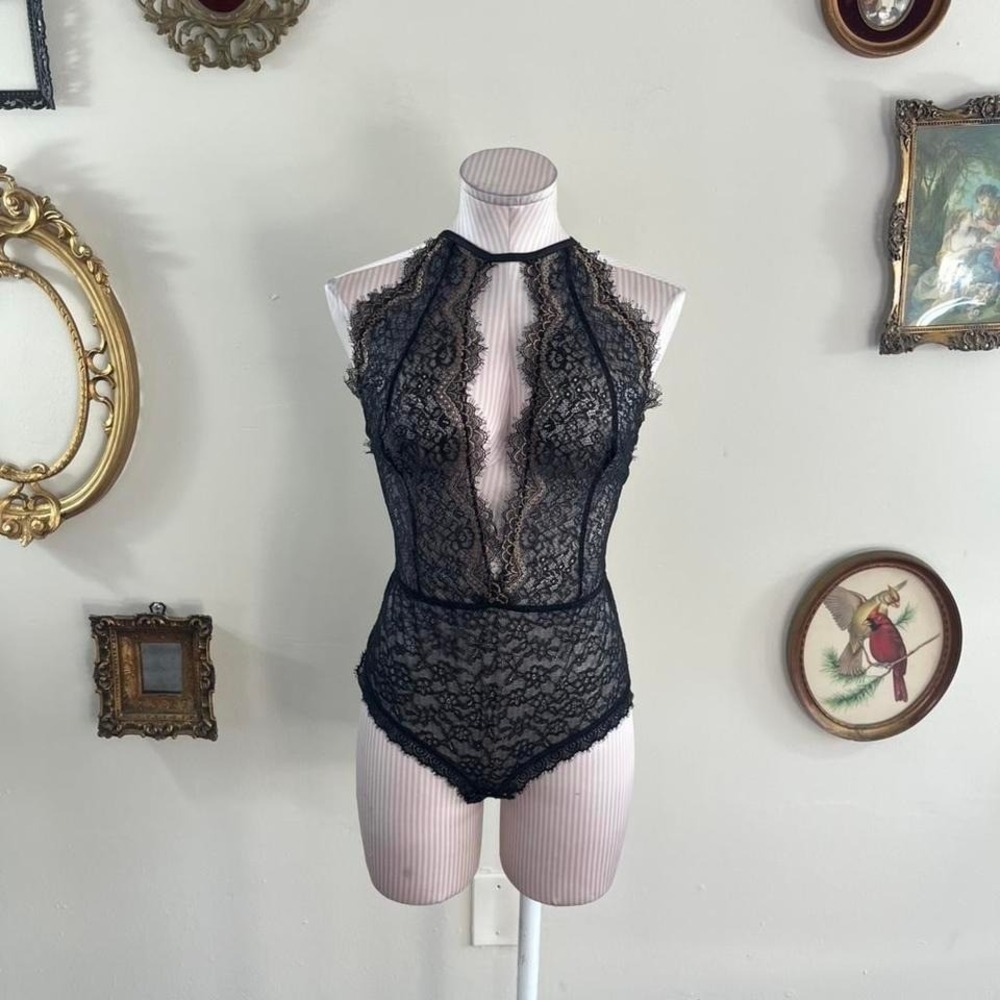 Intimissimi Black Lace Halter Bodysuit with Open Back & Cross Straps